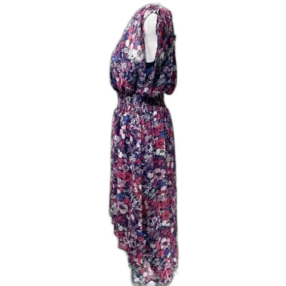 BCBG Paris Chiffon Blue Red Floral Tie Shoulder Sleeveless Midi Dress Size 12 14 - Picture 4 of 9